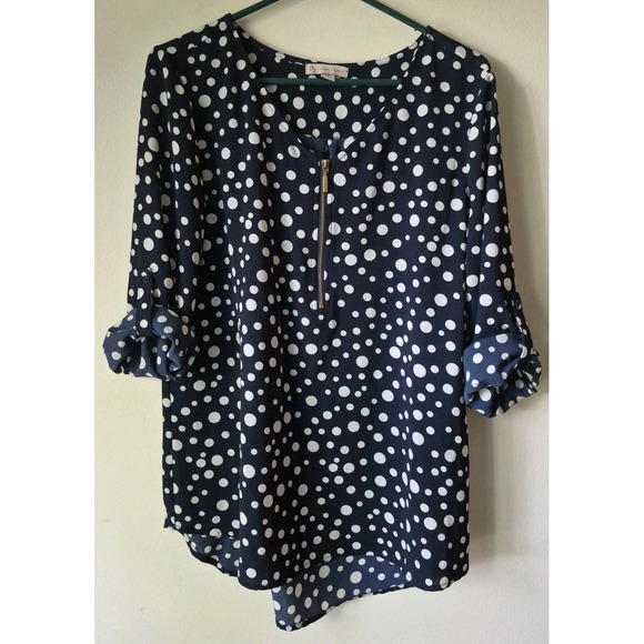cb est 1962 Tops - CB Established 1962 Top Size Medium‎ Navy Blue Polka Dot Roll-Tab 3/4 Sleeve Zip
